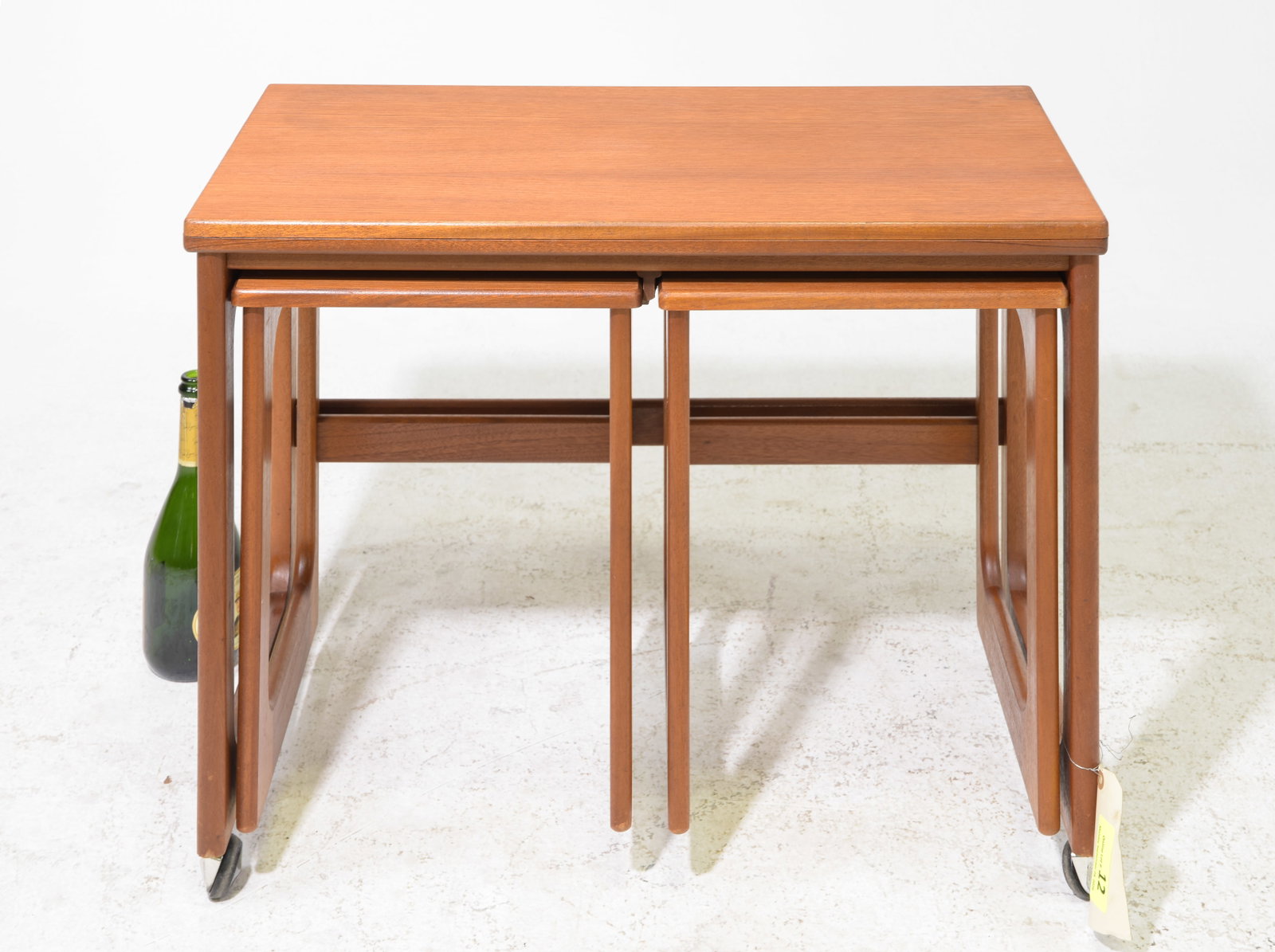 Mid Century "Triform" Flip Top Nest by McIntosh: Danish Modern Style Teak "Triform" Flip Top Nest by McIntosh - 23.5 in tall x 29 x 16, small ones are 19 in tall x 13 x 14