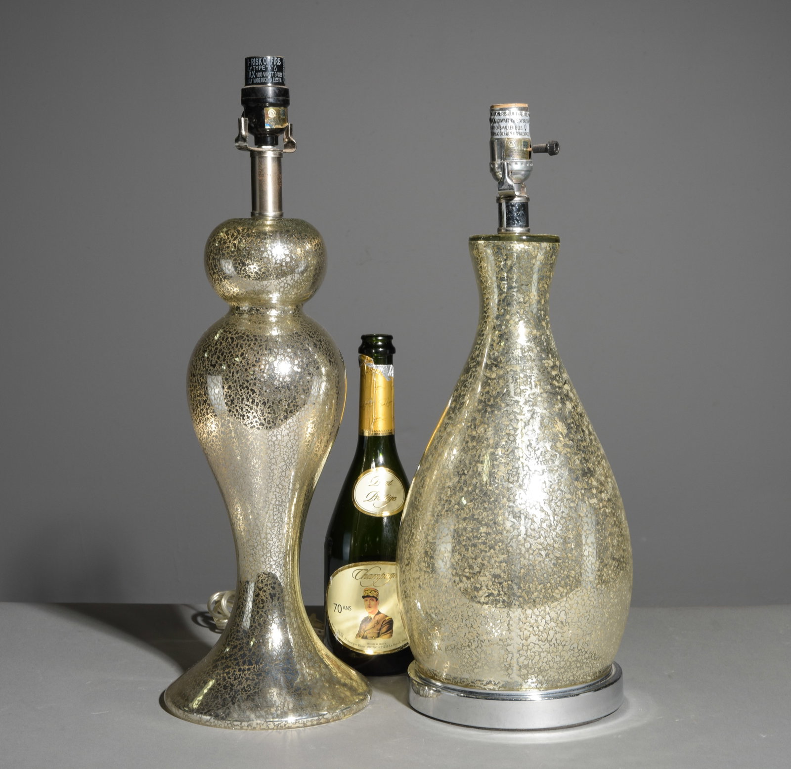Two Mercury Glass Modern Table Lamps: Two Mercury Glass Modern Table Lamps - 21 in tall x 6.75 inch diameter and 19.5 in tall x 8 inch diameter