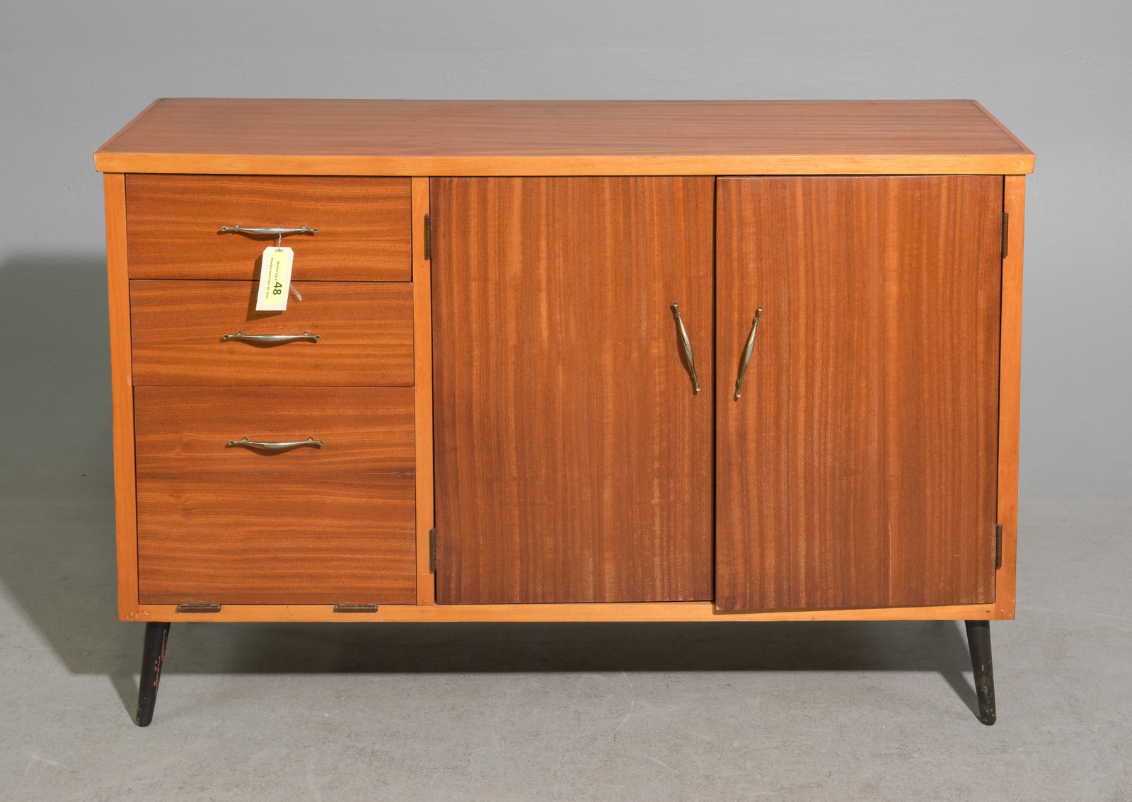 Mid Century Modern Hall Cabinet with Three Drawers: Danish modern style hall cabinet with two doors flanked by three drawers - 30 in tall x 46 x 14.5