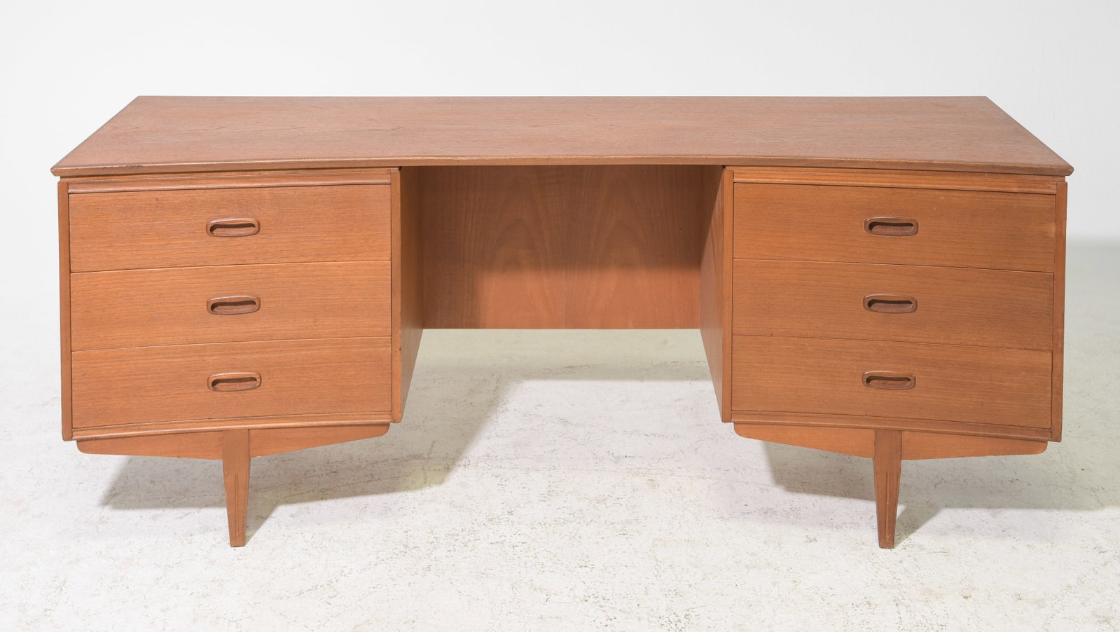 Mid Century Modern Concave Dressing Table: Danish Modern Style Six Drawer Dressing Table / Desk - 24.25 in tall x 60.25 x 19, Kneehole is 23.5 inches from the floor to under by 19.25 inches wide