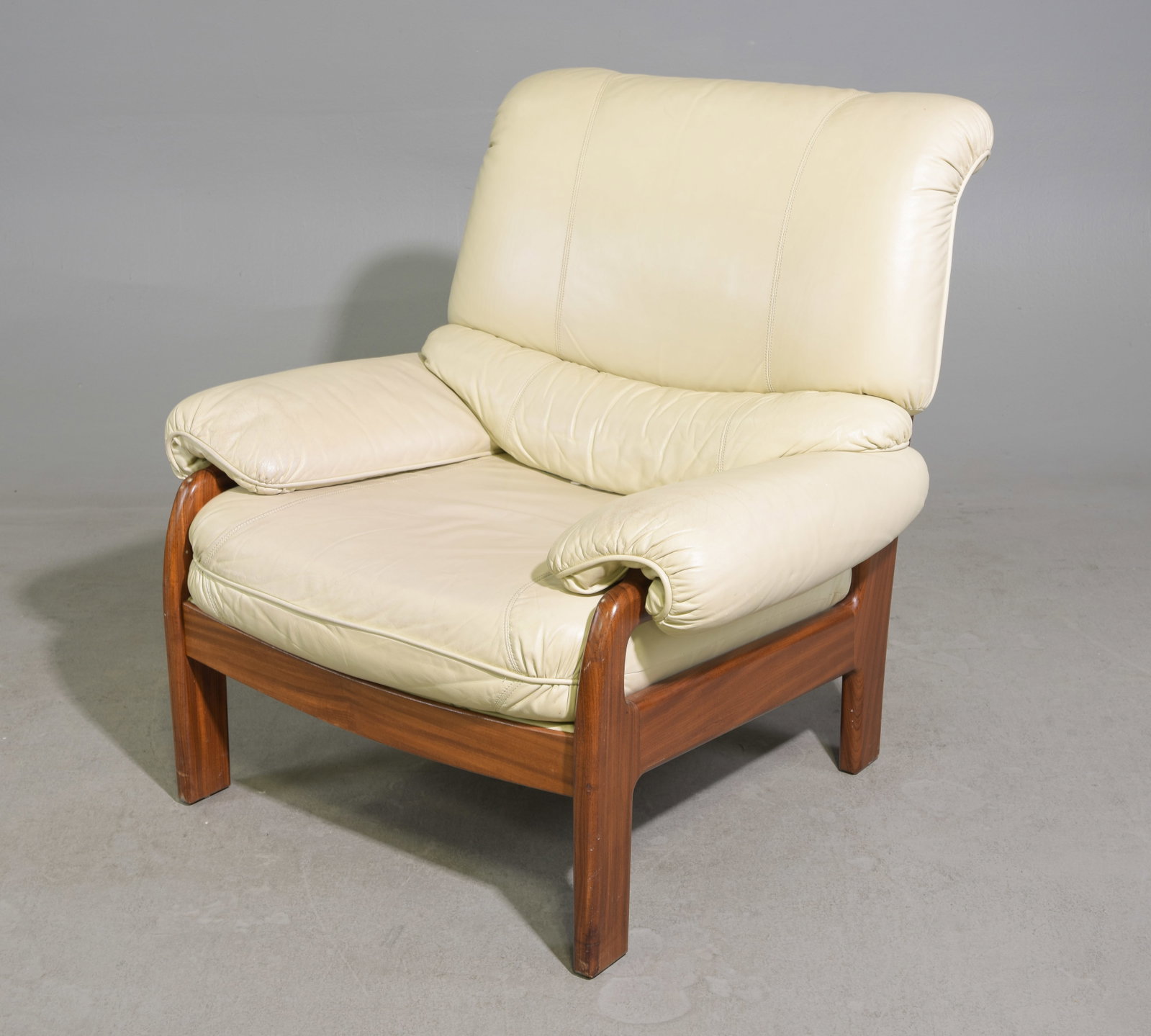 Mid Century Modern White Leather Arm Chair: Danish Modern Style White Leather Upholstered Arm Chair - 36 in tall x 36 x 29 with a seat height of 17 inches