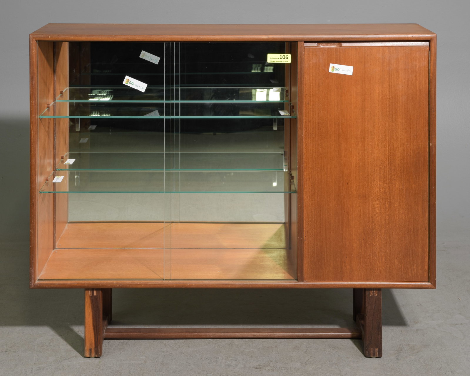 Mid Century Modern Sliding Glass Door Cabinet - Turnidge: Danish Modern Style Sliding Glass Door Mirror Back Cabinet by Turnidge - 37 in tall x 45.5 x 11