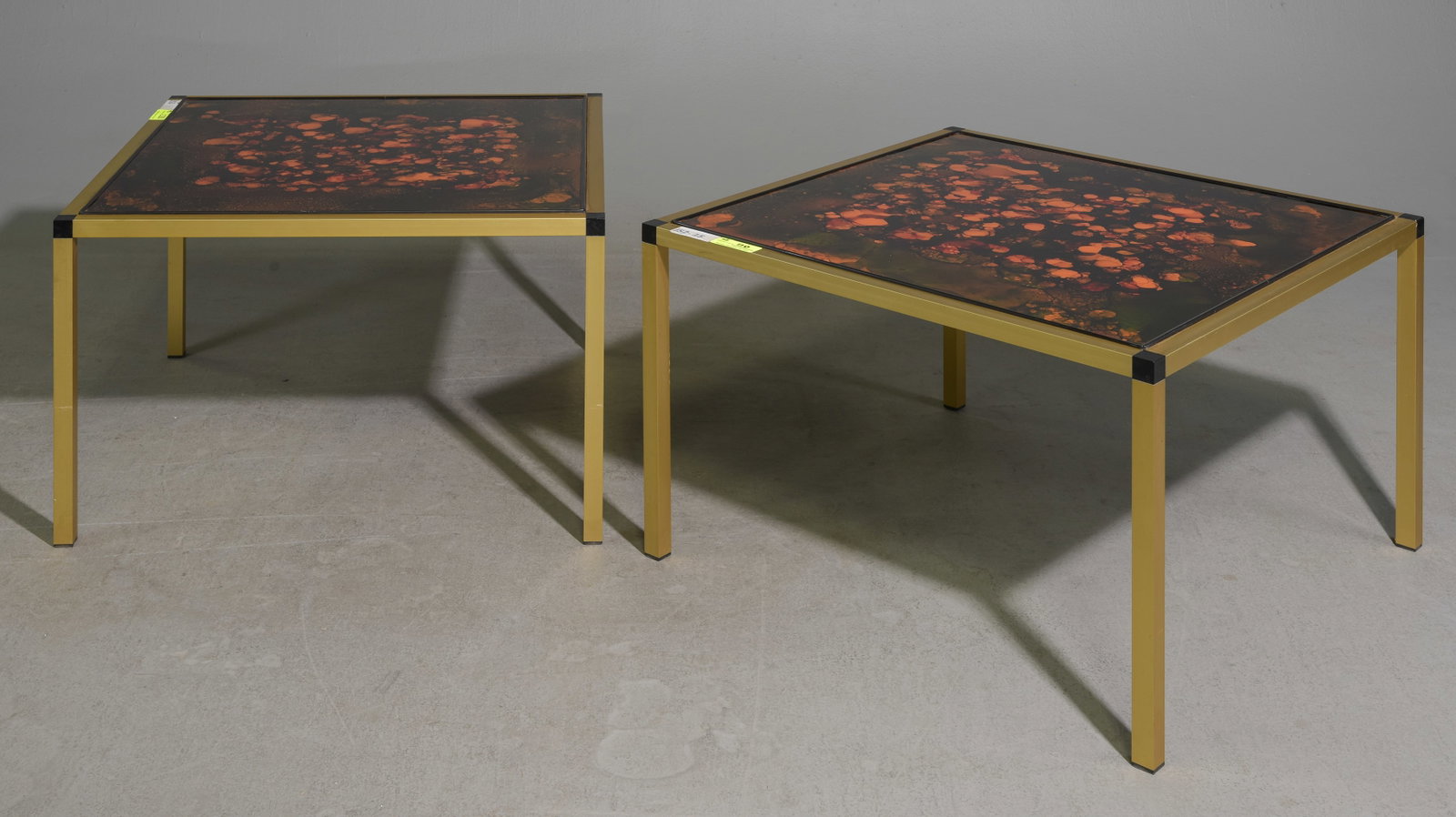 Scandinavian Pair of Art Glass Top End Tables: Scandinavian Pair of Art Glass Top End / Occasional Tables - 18 in tall x 28.75 x 28.75 each