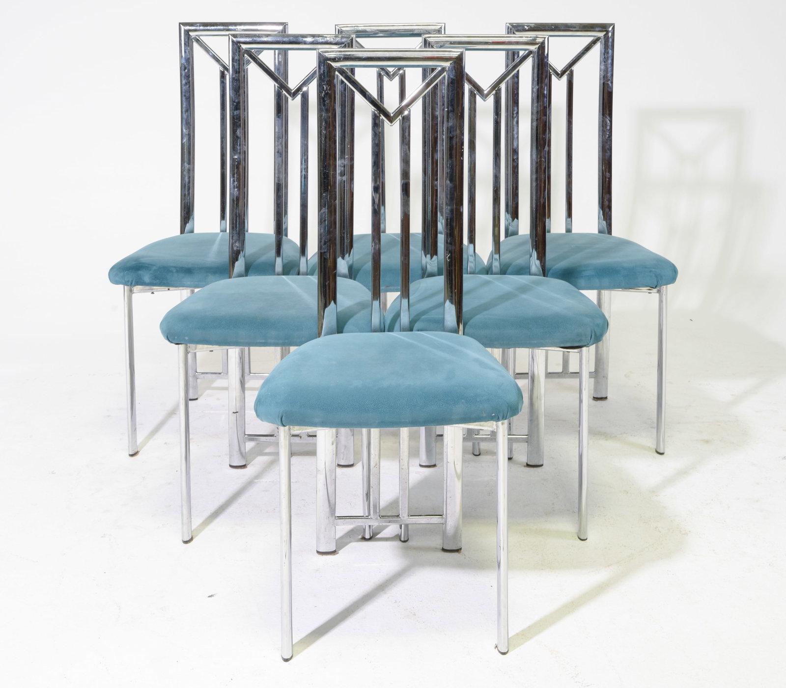 Post-Modern Set of 6 High Back Dining Chairs: Post-Modern Set of 6 High Back Chrome Finished Dining Chairs - 41.5 in tall x 18.5 x 18 each with a seat height of 19 inches