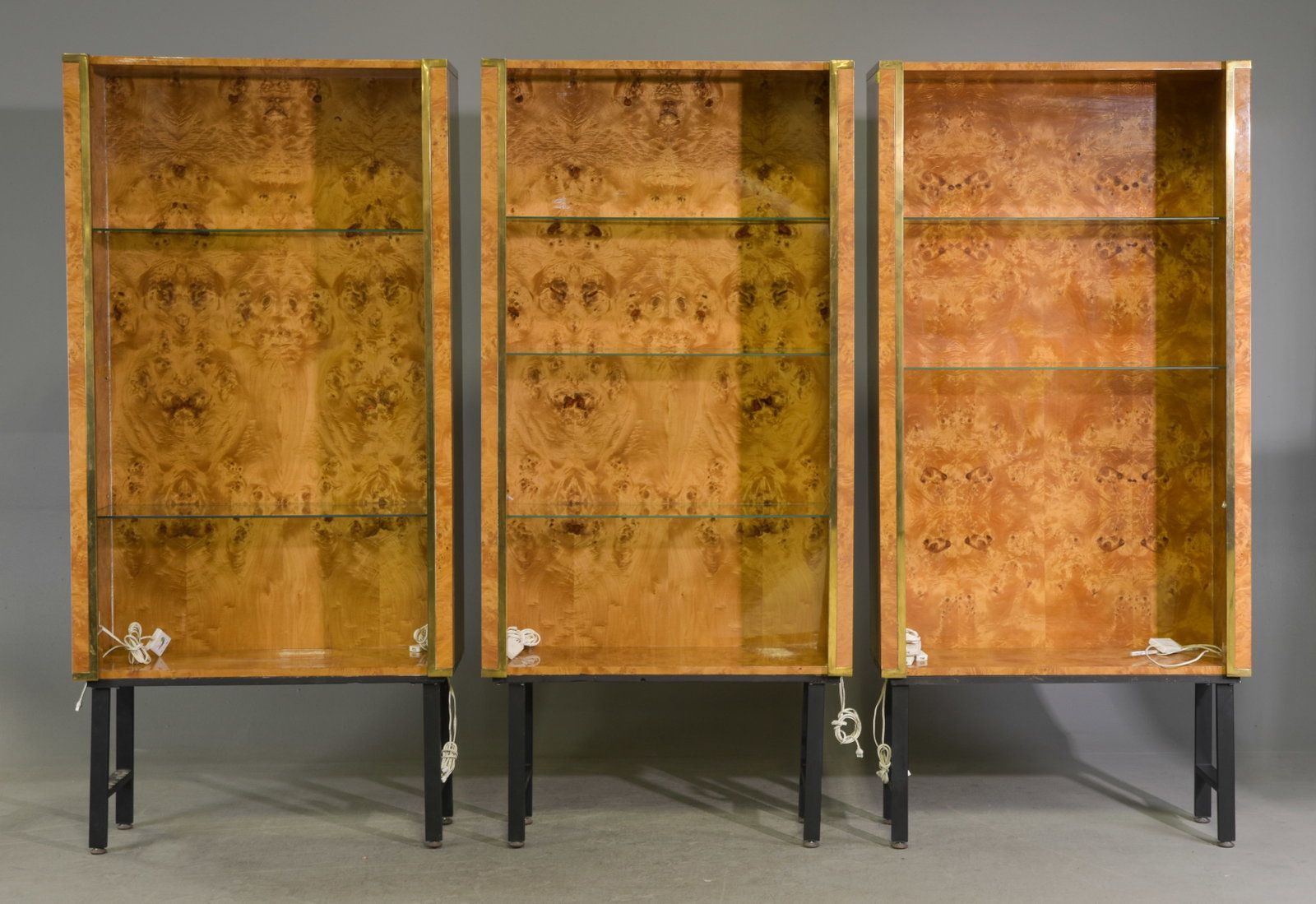 3 Modern Burled Walnut Open Display Cabinets: 3 Modern Burled Walnut Open Display Cabinets with Glass Shelves - 76 in tall x 35.5 x 14 each