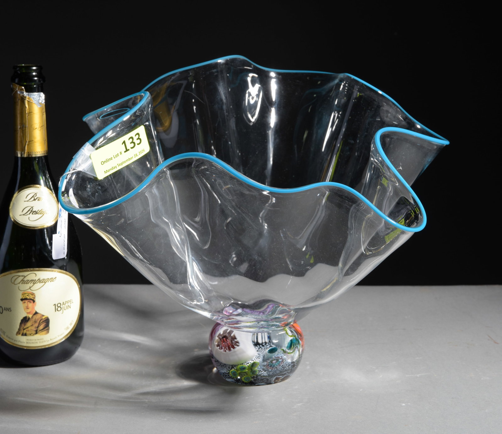 Signed Blown Art Glass Centerpiece Bowl: Signed Blown Art Glass Centerpiece Bowl - 12.25 in tall x 16 x 13.75