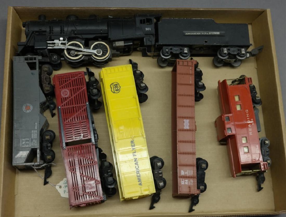 American Flyer 301 Engine, tender, 5 cars: 301 Engine with tender, 632 open coal car, Missouri Pacific livestock car, 639 box car, open gondola, 630 caboose.
