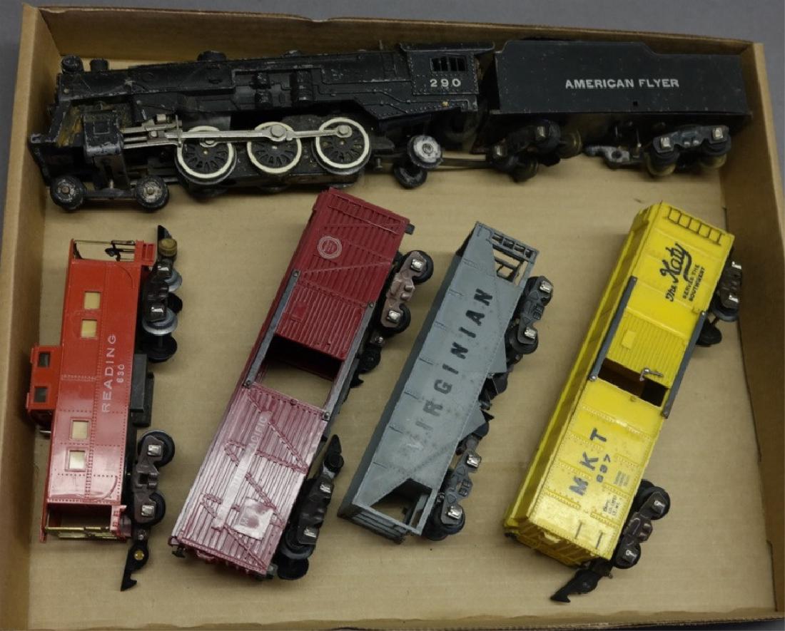 American Flyer 290 Engine, tender, Katy +: 290 Engine with tender (loose parts), 637 Katy MKT box car, Virginian coal car, Missouri Pacific livestock car, 630 caboose.