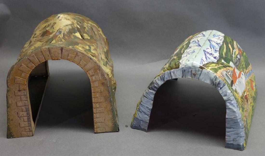 Lot of 2 Model Railrod Tunnels-1 Brass, 1 Prepaint: One hand painted pressed brass tunnel. And, 1 lithographed mountain scene tunnel.
