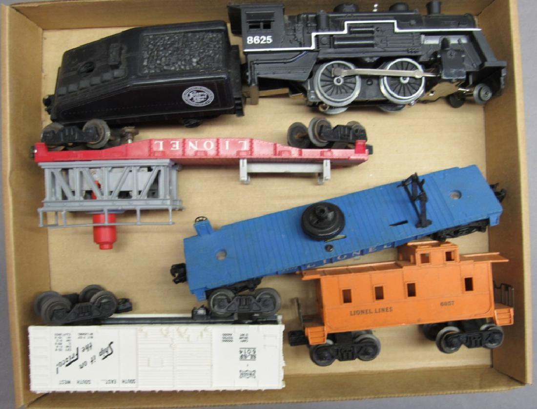 Lionel 8625 Engine w/3 Cars & Caboose-Frisco +: Untested. Engine and tender appear very clean. Includes two flat cars which are missing parts. And 6014 Frisco boxcar, and 6057 caboose.