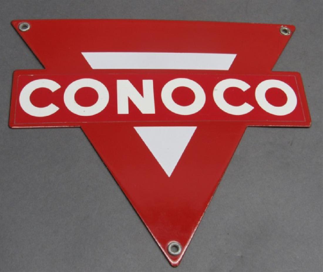 Conoco Die Cut PPP Pump Plate- Paste Over: 10 x 8 1/2", very clean, appears to be a Royal plate with a Conoco sticker over- transition era?.