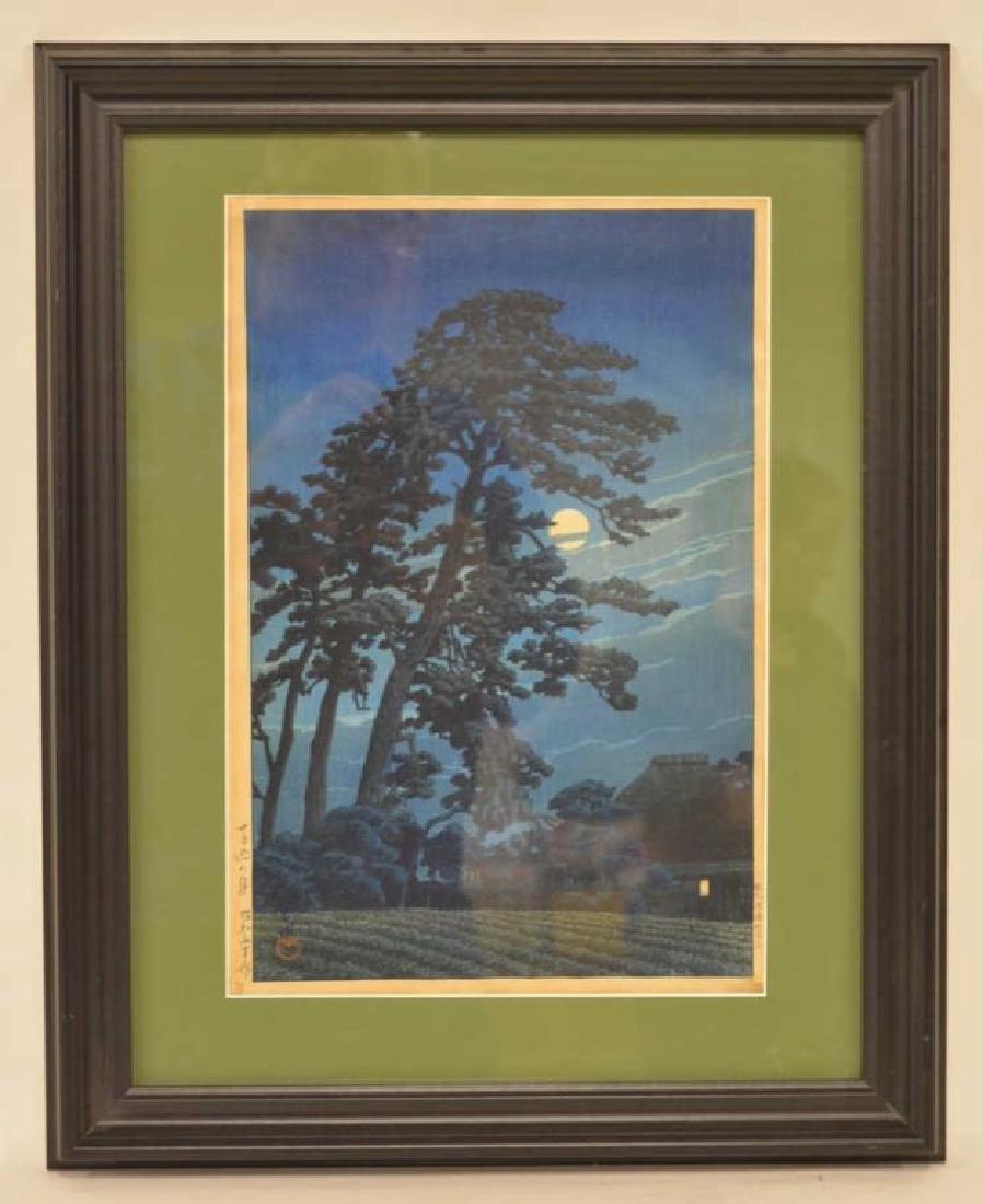1930 Hasui Kawase "Moon At Magome" Woodblock: Beautiful early signed woodblock by listed Japanese artist Hasui Kawase. The woodblock is titled "Moon At Magome" and the color is wonderful. The woodblock is signed in the lower left corner. Kawase i