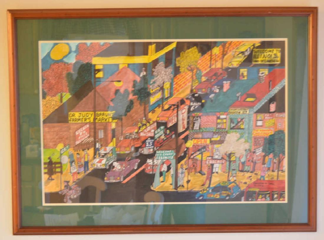 Lawrence M. Amos "The Border Town" Marker On Paper: Beautiful marker on paper drawing by listed artist Lawrence M. Amos. The drawing is titled "The Border Town" and depicts an scene on the Indiana/Illinois border. The drawing is signed in the lower rig