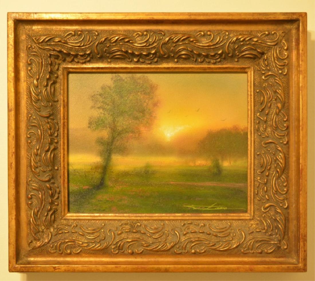 Tim Liess "Peace" Oil On Board: Beautiful oil painting on board by listed Indiana artist Tim Liess. The painting is titled "Peace" and features a beautiful Indiana sunset. The painting is signed in the lower right. Sight measures 10