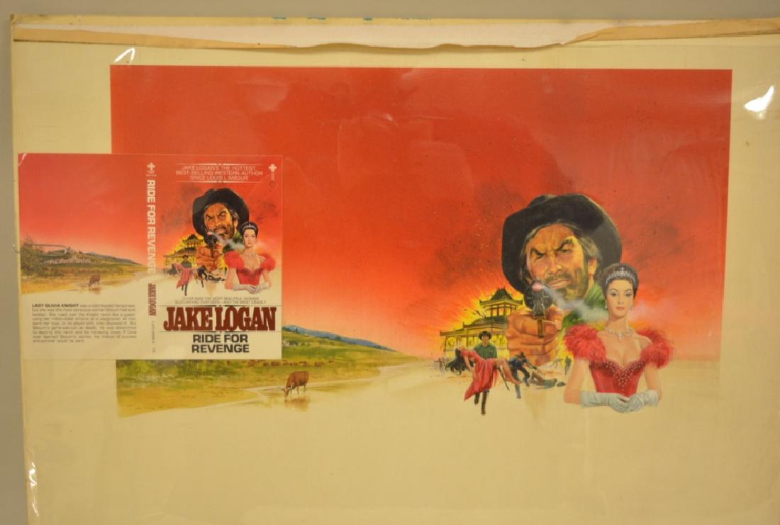 Original Western Cover Art By Bart Jerner: Awesome original cover art by artist Bart Jerner. The art was used as the cover for the book "Ride For Revenge" by Jake Logan, cover included. The illustration board measures 26.5" across x 22.5" tall