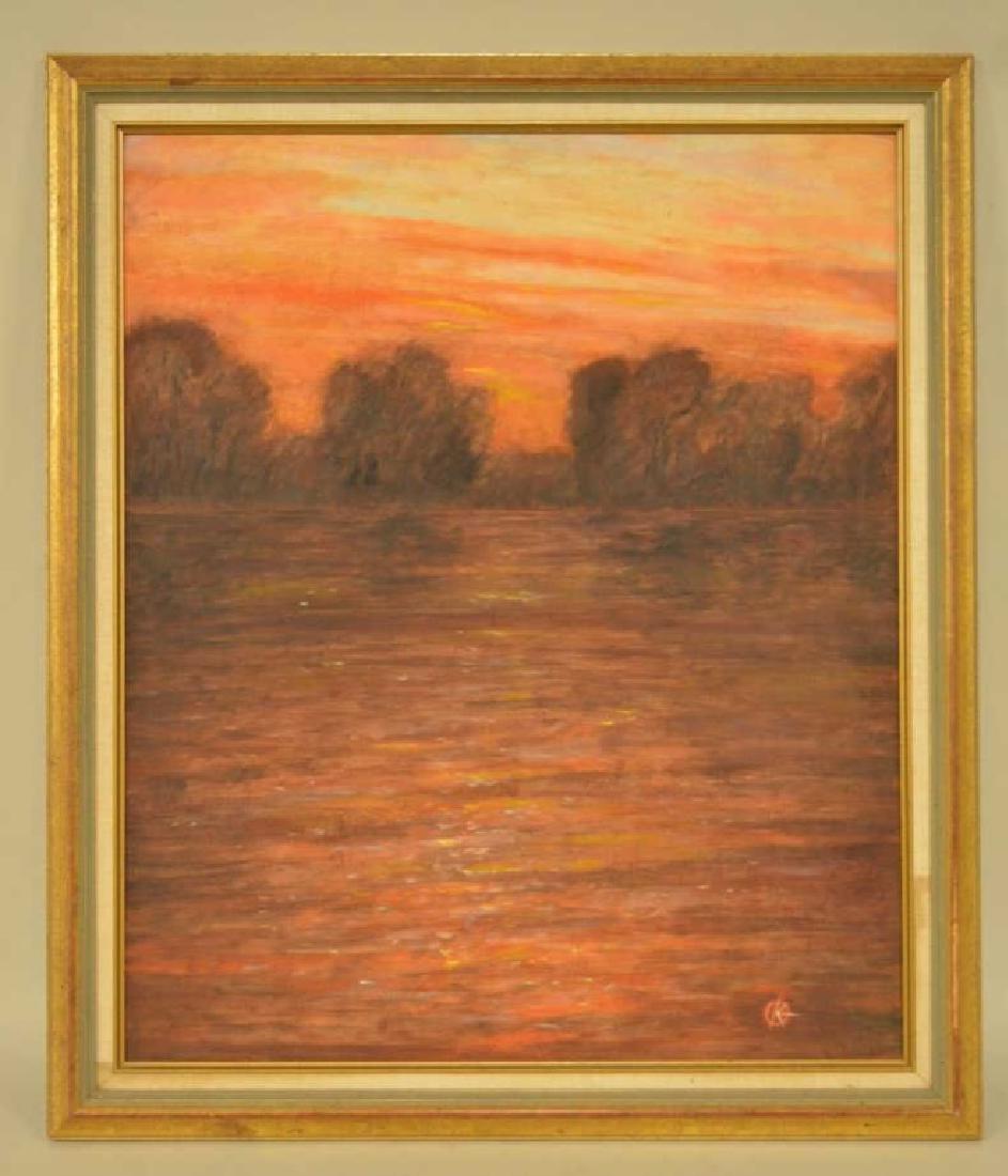 Sunset Over Lake Oil On Canvas: Very nice oil on board painting. Painting is signed but unknown artist. The painting features a colorful sunset. The sight measures 21" across x 25" tall, framed measures 25" across x 29" tall.