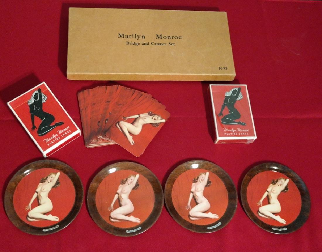 Marilyn Monroe Bridge and Canasta Set: New old stock set in the original box. Includes two sets of nude cards and 4 nude trays.