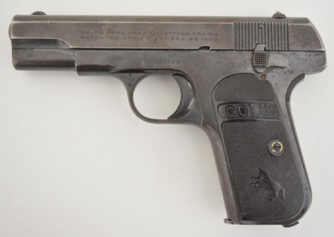 Colt Model 1903 Pocket Pistol: Manufactured in 1923. Plastic grips in good condition. Includes one magazine. Gun is in overall fine condition and shows normal wear for age. SN: 439605. FFL is required for transfer.