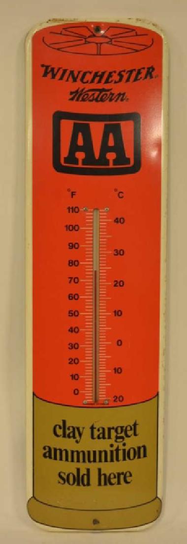 SST Winchester AA Target Ammo Thermometer Sign: Nice condition SST Winchester Western AA Clay Target Ammunition thermometer advertising sign with nice graphics & light wear. Measures 7.5" across x 26.5" tall, works great.