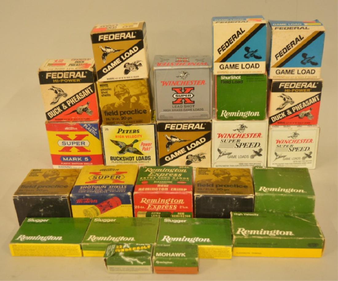 300 Cartridges Of Mixed Shot Gun Ammo: Lot of approx. 300 cartridges of mixed shot gun ammo. Lot includes 20 and 12 gauge cartridges. Also included are approx. 100 rounds of 22 long rifle and 38 S&W bullets.