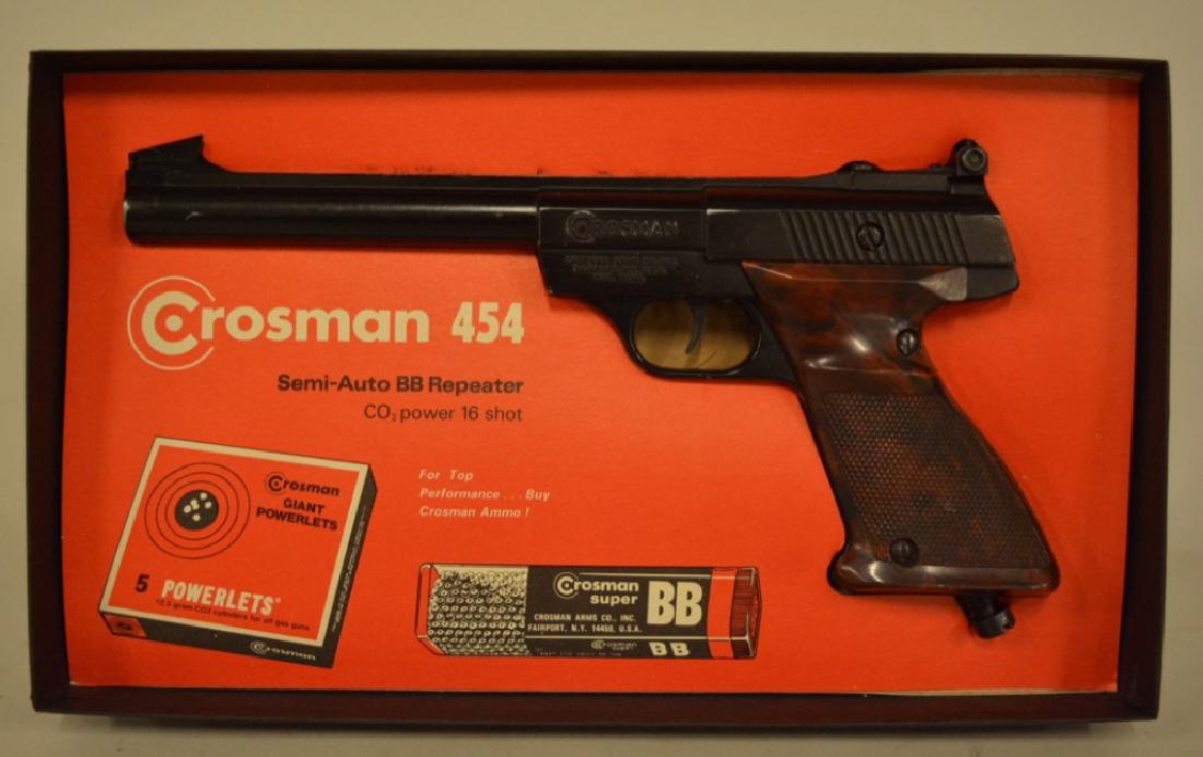 Crossman 454 BB Pistol In Box: Nice vintage Crossman 454 BB pistol. Co2 powered, .177 cal. Nice condition with some minor cosmetic wear. Comes in original box with inserts and paperworks.