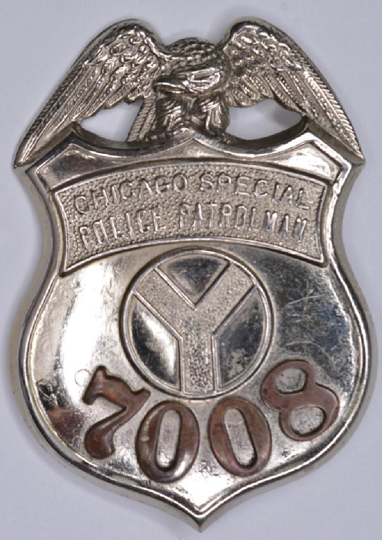 Obsolete Chicago Special Police Patrolman Badge: Nice early Chicago Illinois Special Police Patrolman badge #7008. The badge is in nice condition with the pinback. Measures approx 3-1/8" tall x 2-1/4" across. Has copper numbers and was made by C.H.