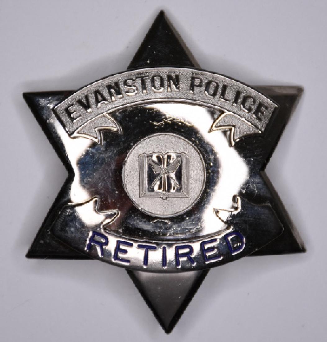 Obsolete Evanston Illinois Police Retired Badge: Nice obsolete Evanston Illinois Police Retired Pie Plate Badge. The badge is in nice condition with the pinback. Measures approx. 3" tall x 2-5/8" across. Made by Blackinton.