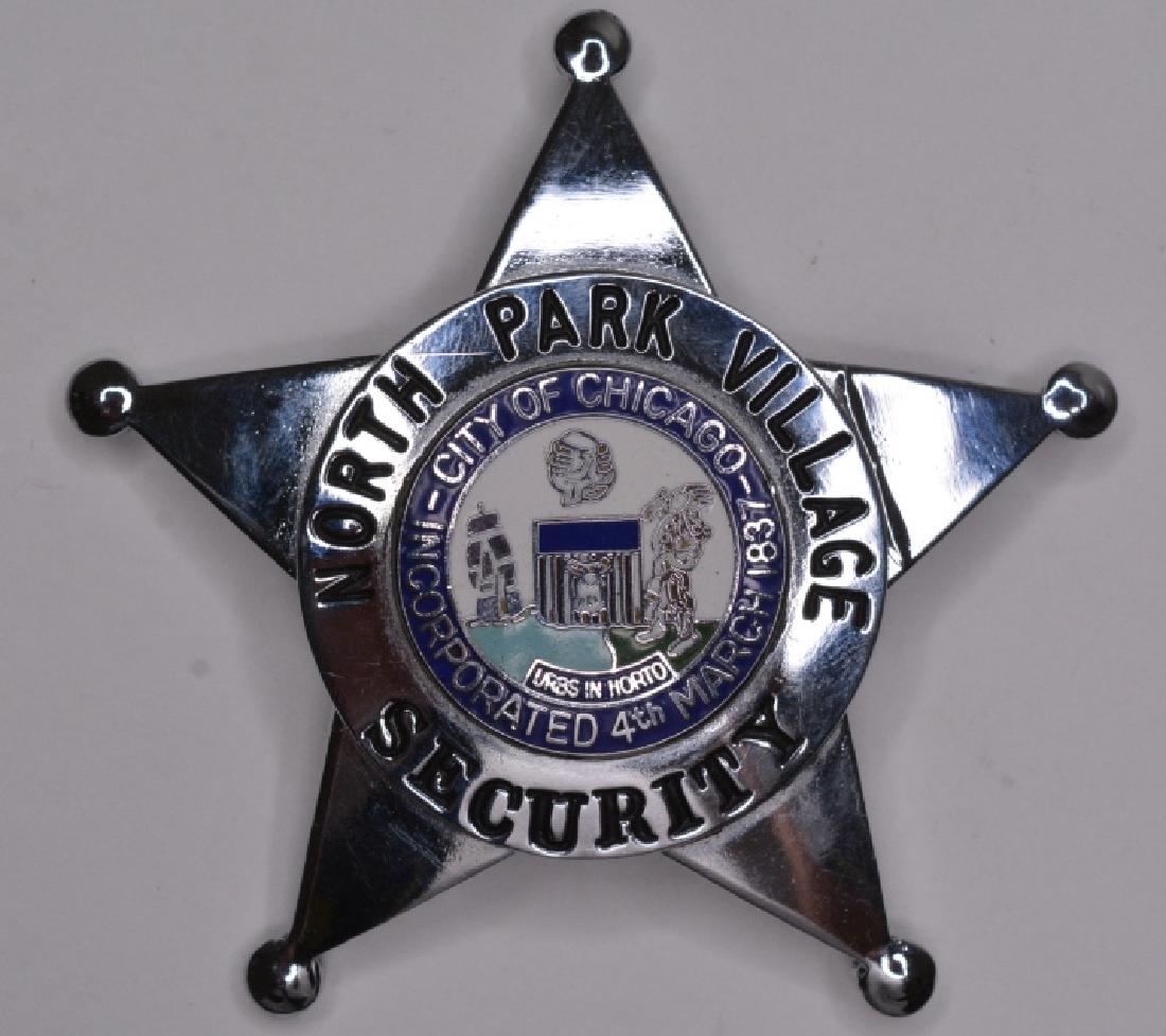 Obsolete Chicago North Park Village Security Badge: Nice obsolete five point star City of Chicago North Park Village Security Badge. The badge is in nice condition with the pinback. Measures approx. 2-1/2" tall by 2-12" across. Made by Meyer & Wenthe.