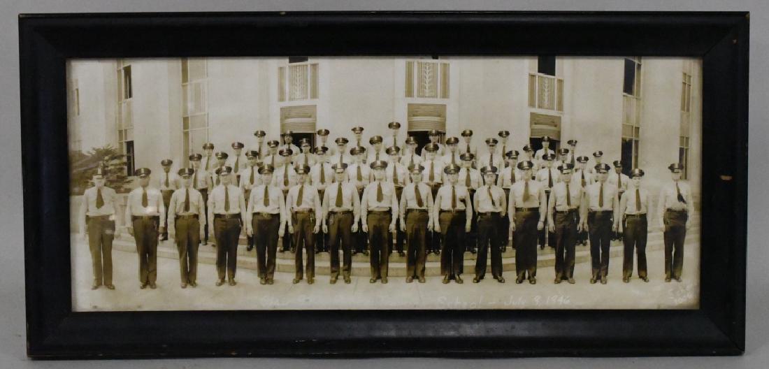 1946 Police Training School Class 91 Photo: Early police training school panoramic photograph. Dated 1946. Displays very well in original vintage frame. Measures approximately 24 1/2" across by 12" tall.