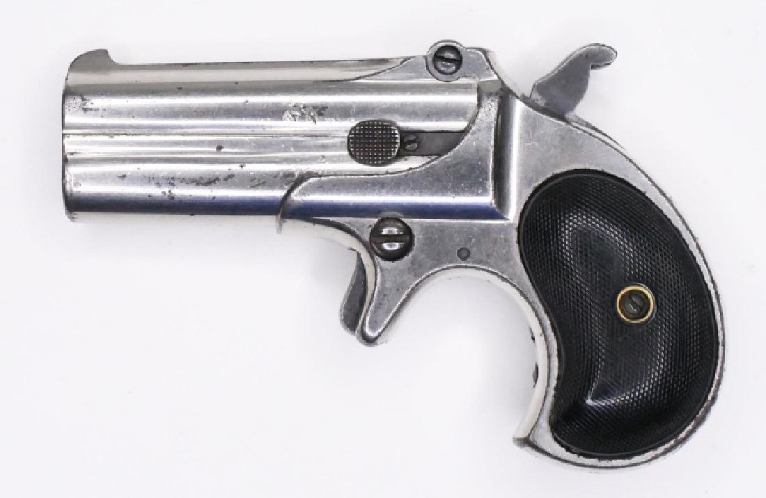 Remington 41 Type 2 Double Barrel Derringer: Remington 41 Type 2 Double Barrel Derringer in .41 Remington. The nickel plated Derringer has 3" barrels and is in good condition with use and surface wear. SN:20. FFL required for transfer. (2) (25)