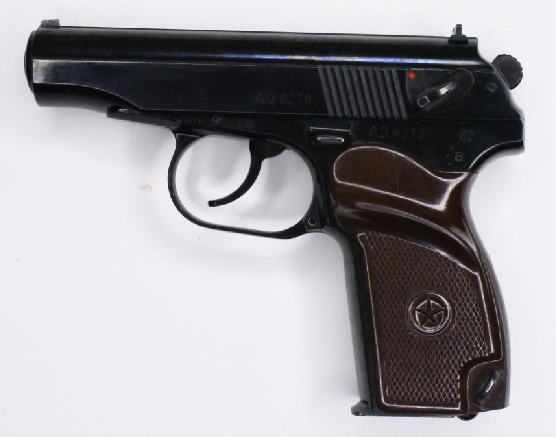 East German Makarov 9x18mm Semi-Automatic Pistol: Nice East German Makarov 9x18mm Semi-Automatic Pistol with 3-5/8" barrel. The pistol has a blue finish and is in nice used condition, comes with four magazines. SN:AO6219. FFL required for transfer. (