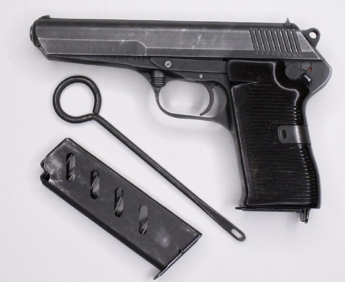 CZ Model 52 7.62 x 25mm Tokarev Semi-Auto Pistol: Nice Czech CZ Model 52 7.62 x 25mm Tokarev Semi-Automatic Pistol with 4.75" barrel. The blued pistol is in good used condition with surface wear. Comes with two magazines and cleaning rod. SN:V13445. 