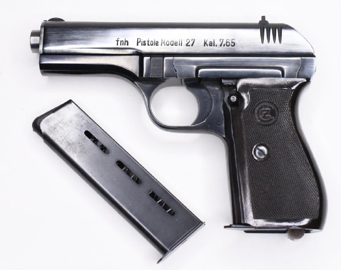 WWII German CZ Model 27 7.65mm Semi-Auto Pistol: Very nice WW II German CZ Model 27 7.65mm Semi-Automatic Pistol with 3-7/8" barrel. The blued pistol is in great used condition with Nazi Eagle proof marks on the slide and barrel. Comes with two maga