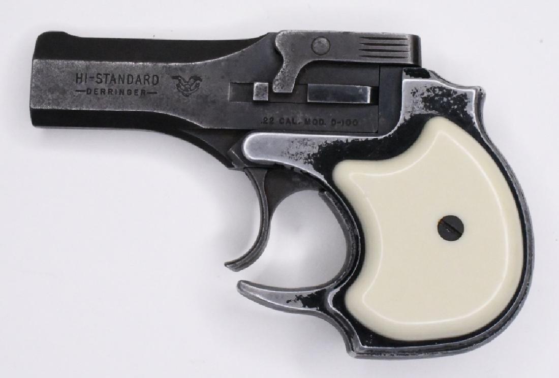 High Standard Model D-100 .22 Cal. Derringer: High-Standard Model D-100 .22 Caliber 2-Shot Derringer with 3.5" barrel. The blue finish pistol is in good used condition with finish wear. SN:1271906. FFL required for transfer. (529-2)