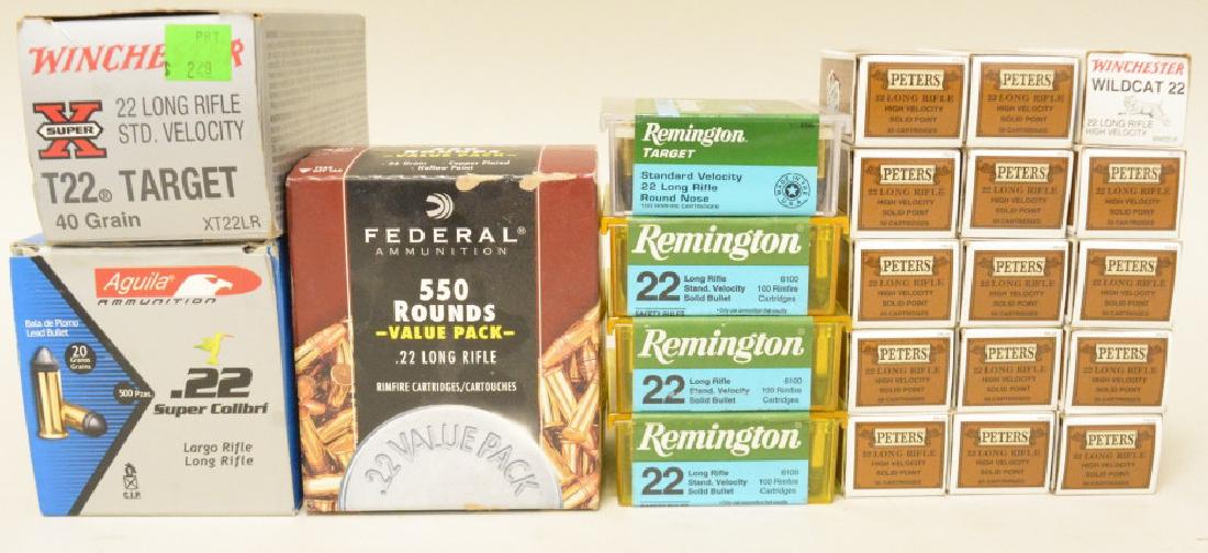 2550 Rounds .22 Long Rifle Ammunition In Boxes: 2550 rounds of .22 caliber Long Rifle cartridges all in the original boxes. The 2550 cartridges include 550 Federal 36 grain hollow point, 350 Winchester T22 Target 40 grain, 700 Peters High Velocity 