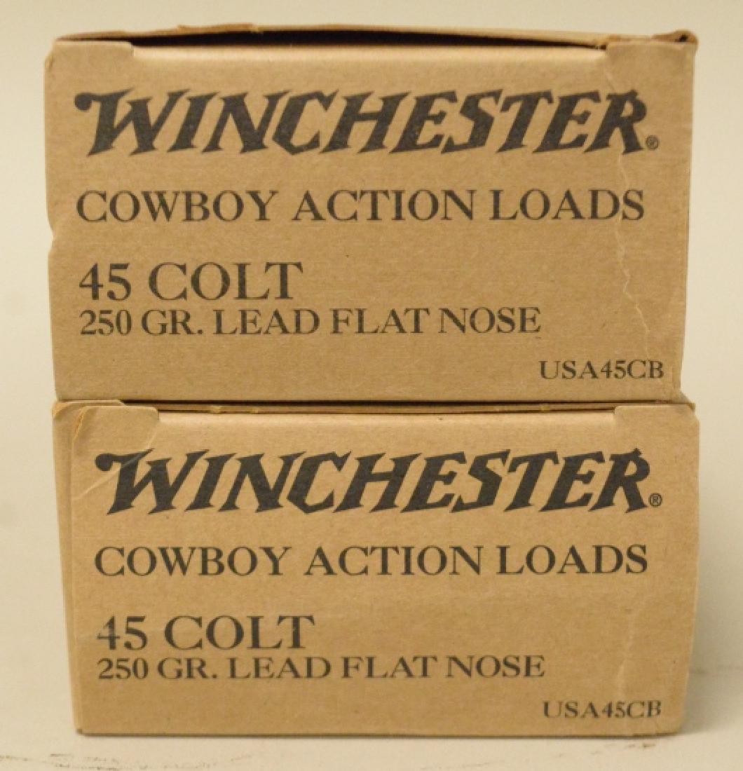 100 Rounds Winchester .45 Colt Cowboy Action Loads: Two new boxes 0f 50 Winchester .45 caliber Cowboy Action Loads. The 100 cartridges are 250 Gr. Lead Flat Nose.