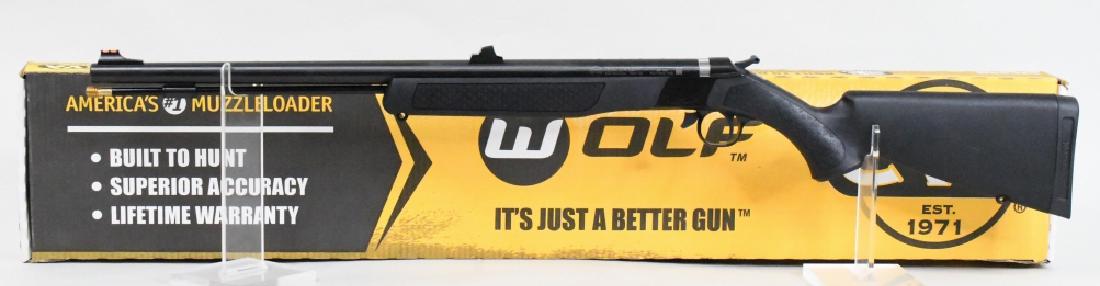 CVA Wolf Black Powder .50 Cal Rifle New In Box: New in box CVA Wolf Black Powder Rifle in .50 caliber. The rifle has a 24" blued barrel, black synthetic stock, and fiber optic sights. New in the original box with instructions. Model PR2110.