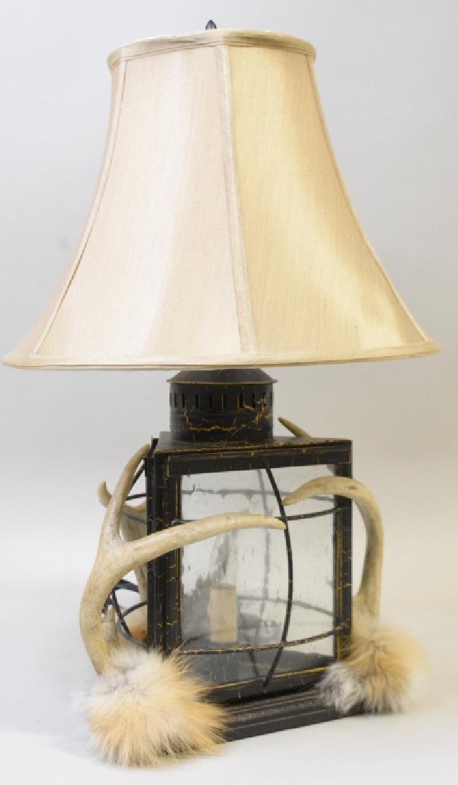 Deer Antler Lamp: Nice Deer antler lamp accented with red Fox fur. Measures approximately 23" tall x 15" across.