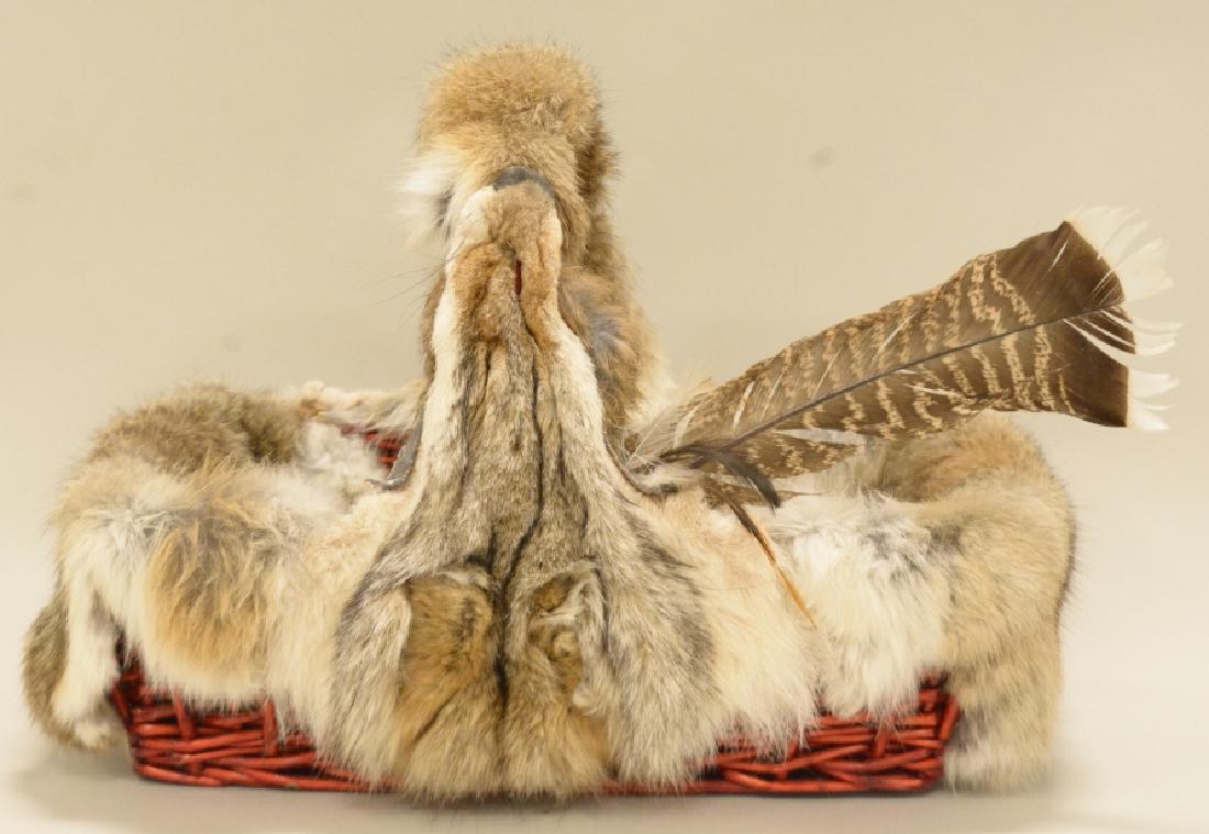 Basket Wrapped With Coyote And Rabbit Fur: Nice red basket wrapped with coyote, and rabbit fur. Measures approximately 15" tall x 12" across x 10" deep.