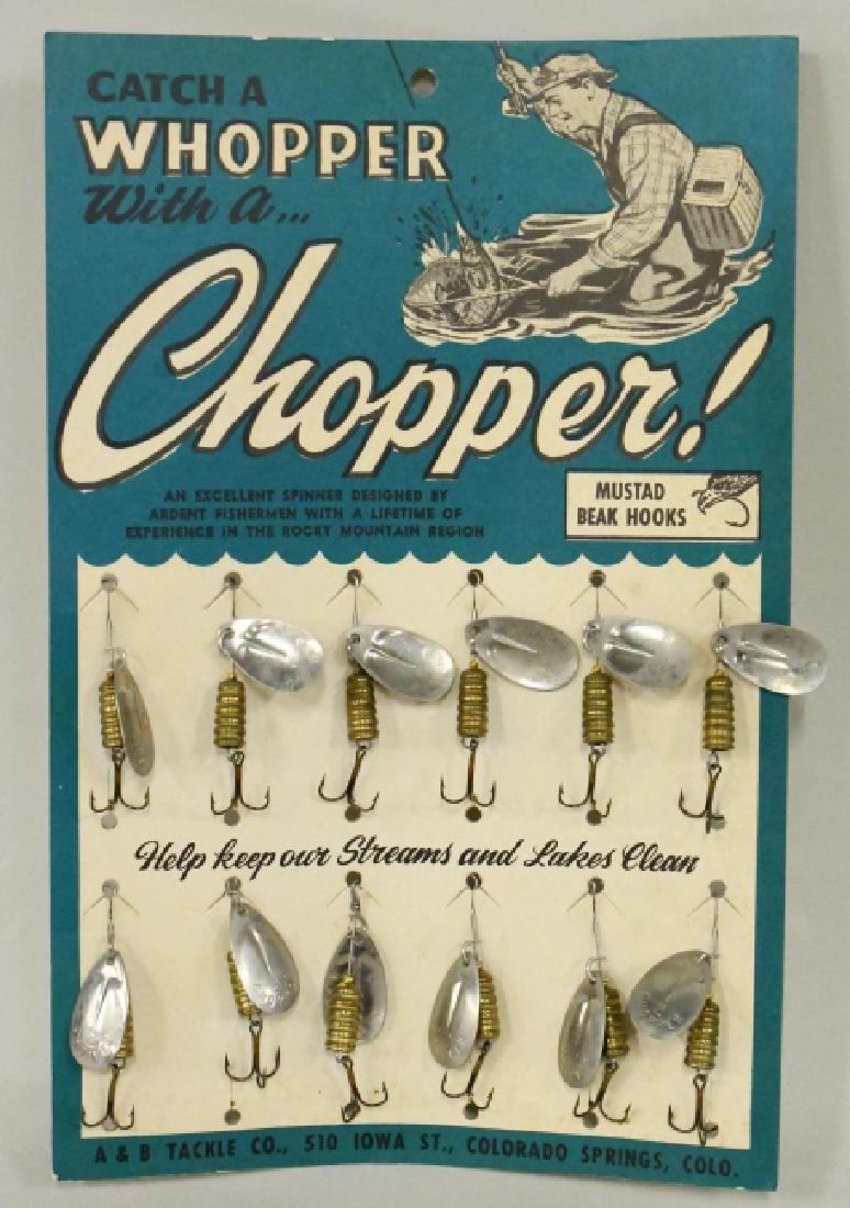 Vtg Whopper Chopper Lure Store Display Adv Sign: Nice vintage cardboard Whopper Chopper fishing lure hanging store display. Very nice condition with som elight expected wear from use and age. Displays extremely well with great colors and 12 lures. M