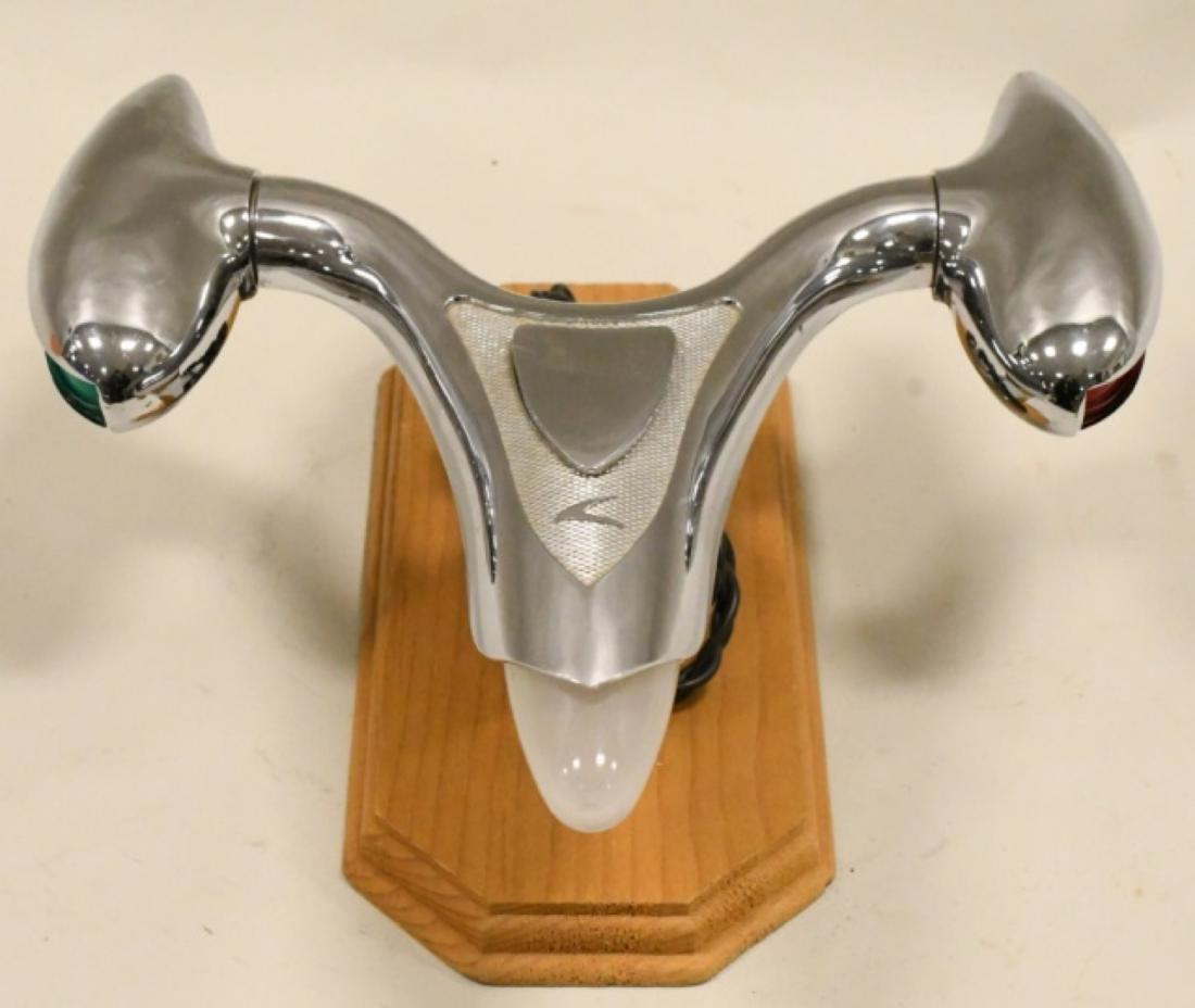 Vintage Rocket Ship Boat Running Light: Nice vintage boat running light. Displays well on custom made wood base. MEasures approximately 10" across by 5" tall by 10" long