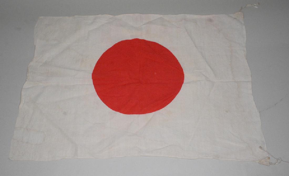 WWII Japanese Meatball Flag 33x23: Nice condition with staining and discoloration. Displays well. MEasures approximately 33" across by 23" tall