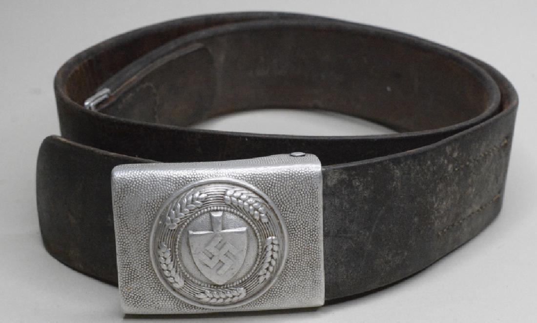 WWII German RAD Belt Buckle: Nice condition with wear to leather strap and buckle. Marked "Dr. F. & Co.". Buckle measures approximately 2 1/2" across by 2" tall. Belt measures approximately 38" across.
