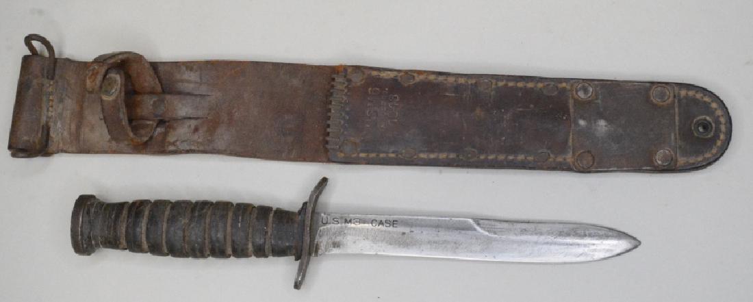 US Military Case M3 Fighting Knife w/ M6 Scabbard: WWII era US Military Case M3 fighting knife with US.M6 scabbard. Good condition with blade wear and more. Blade measures approximately 6 1/2" long. Overall with scabbard measures approximately 14 3/4"