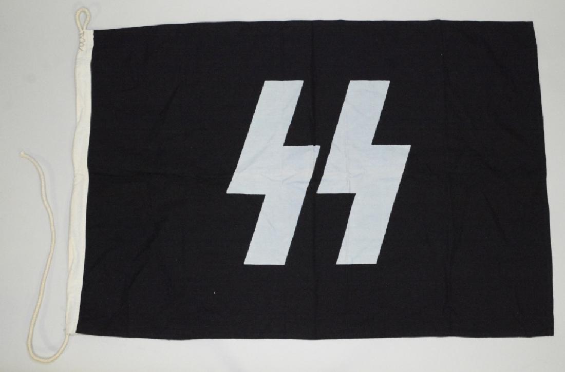 WWII German SS Flag: Very nice cloth flag in excellent condition with no rips or stains. Marked "Dienstflagge". Measures approximately 35" across by 23 1/2" tall.