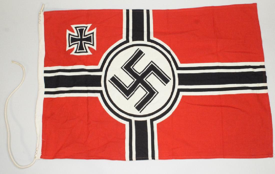 WWII German Kriegsmarine Imperial War Flag: Very nice cloth flag in excellent condition with no rips or stains. Marked "Reichskriegsfahne". Measures approximately 35" across by 22 1/2" tall. Ref#161