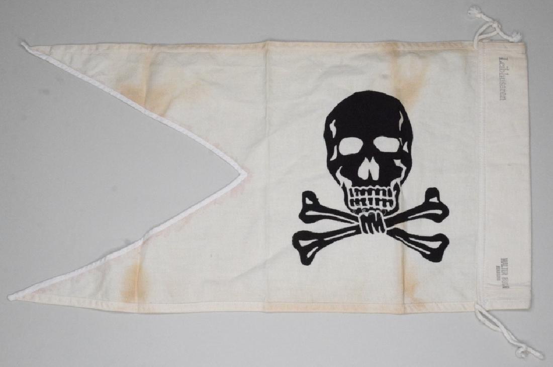 German Imperial Totenkopf Hussar's Regiment Flag: Nice WWII German Imperial Totenkopf Hussar's Regiment swallow tail pennant flag. Very nice condition with no rips. Does have some areas of discolortion. Marked "Leibhusaren". Measures approximately 22