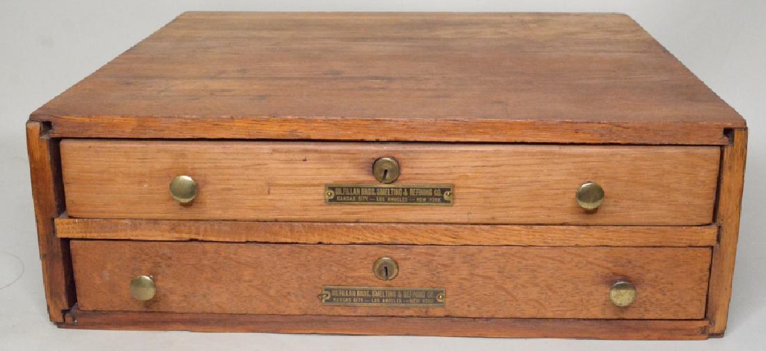 Gilfillan Bros. Smelting & Refining Co. Organizer: NIce vintage Gilfillan Bros. Smelting & Refining Co. wood organizer cabinet. NIce condition with discoloration and wear from use and age. Displays well. Unlocked, but missing keys. Measures approximat