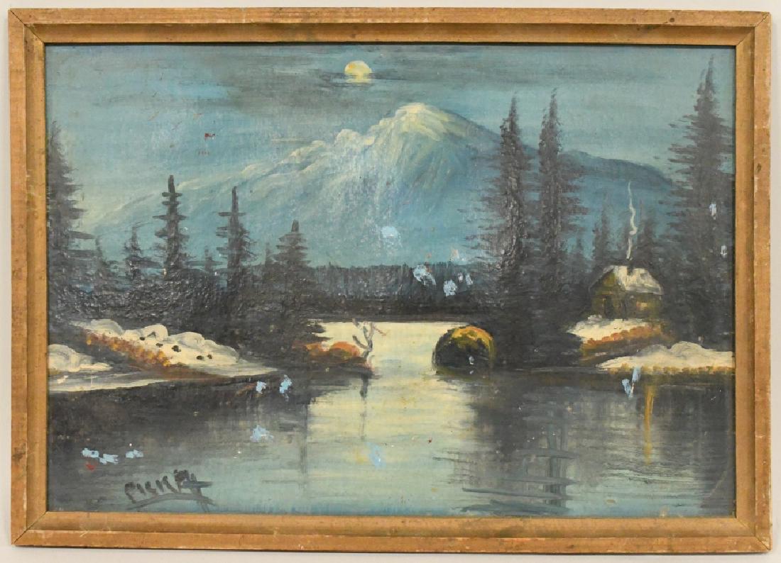 Oscar Pickett Landscape Oil On Board Painting: Beautiful oil on board painting by listed Muncie Indiana artist Oscar Conley Pickett. The painting features a mountain landscape with a cabin and trees. The painting is signed in the lower left corner