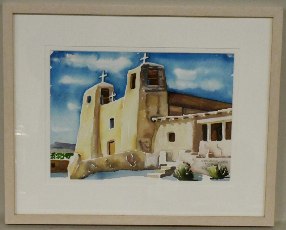 Dean Porter "Church At Acoma" Watercolor: Beautiful watercolor on paper board painting by listed Indiana artist Dean Porter. The painting is titled "Church At Acoma" and features the San Estevan del Rey Mission Church in New Mexico. The paint